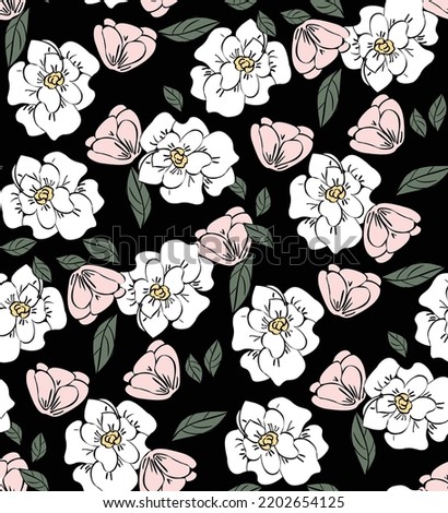 Hand Drawn Poeny Flowers Vector Seamless Pattern Trendy Fashion Colors Perfect for Allover Fabric Print or Wrapping Paper Black Background