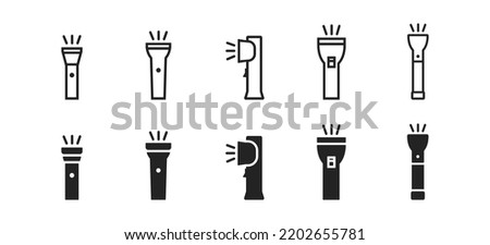 Flashlight icon set on light background. Portable tool. Flash symbol. Light concept. Pocket outdoor torch. Vector illustration.