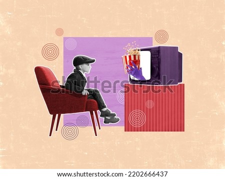 Little boy watching vintage tv set isolated over pastel colors background. Contemporary art collage. Concept of vintage fashion, music, mix old and modernity. Surrealism. The past, happy childhood
