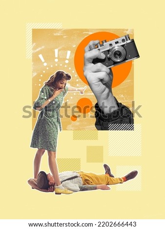 Social media in your daily life. Right to privacy. Contemporary art collage. Concept of retro vintage fashion, music, mix old and modernity. Surrealism. Love, family, relationships
