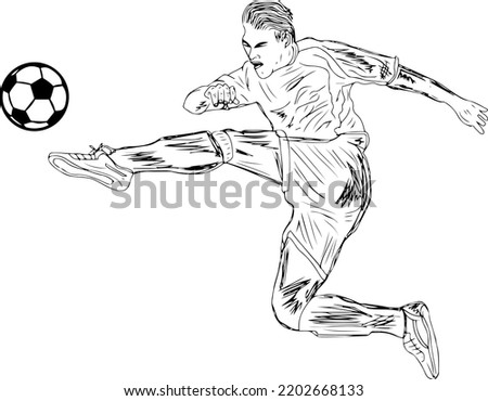 Football player outline vector illustration, Soccer player sketch drawing, man kicking football cartoon doodle drawing, soccer player clip art silhouette

