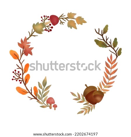 Autumn leaves wreath with mushroom,acorn,orange and yellow leaves on white background. illustration.
Hand drawn. Autumn season.