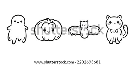 Set of kawaii Halloween characters. Collection of cute kawaii pumpkin, cat, bat and ghost in black linear drawing style. Vector illustration