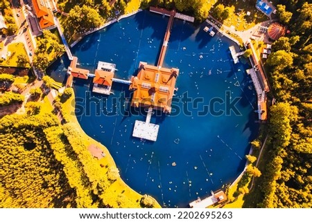 Aerial view of the famous Lake Heviz in Hungary, near the lake Balaton. The largest thermal lake in the world available to bath. Discover the beauties of Hungary. Royalty-Free Stock Photo #2202695263