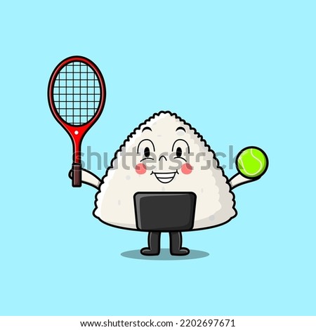 Cute cartoon Rice japanese sushi character playing tennis field in flat cartoon illustration