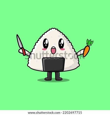Cute cartoon Rice japanese sushi character holding knife and carrot in modern style design