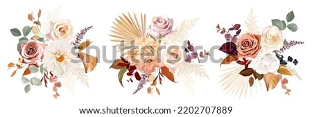 Rust orange, beige, white rose, burgundy anthurium flower, pampas grass, fern, dried palm leaves vector design bouquets.Trendy flowers. Gold, brown, rust, taupe. Elements are isolated and editable Royalty-Free Stock Photo #2202707889