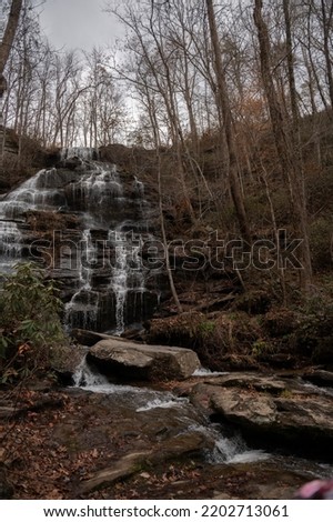 Wide shot of a waterfall rolling over rocks
