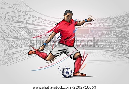Soccer Player Kicking Ball. Football Player In Action On Stadium Vector Illustration.