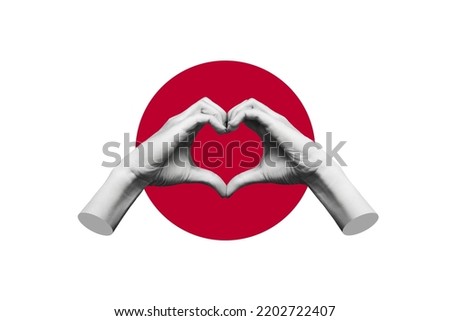 Human female hands showing a heart shape isolated on a background of the flag of Japan. 3d trendy collage in magazine style. Contemporary art. Modern design. White flag with a red circle in the center
