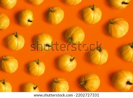 Pumpkin pattern. Flat lay, top view. Halloween, thanksgiving day, autumn theme. Abstract background. Minimalistic fall vegetables concept