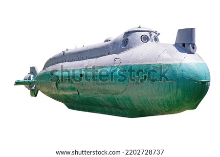 Old weathered small submarine. Old bathyscaphe Isolated on white, clipping path included Royalty-Free Stock Photo #2202728737
