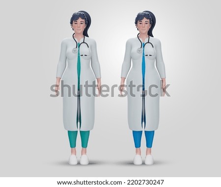 3d render. Cartoon character woman doctor wears uniform. Medical clip art isolated on background. wearing white lab coat