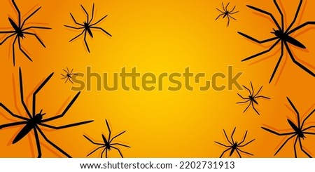 Vector illustration. Halloween background with spiders with shadow, holiday decorations. Halloween party invitation card mockup. Happy Halloween banner design. Flat lay, top view, copy space for text.