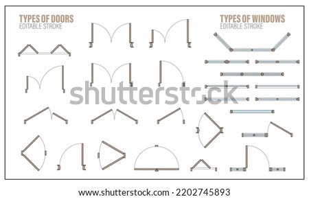 Door, window for floor plan top view. Architectural element set for scheme of apartments. Kit of icons for interior project. Construction graphic design symbol for blueprint view above. Vector