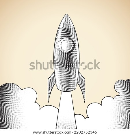 Illustration of Scratchboard Engraved Rocket Launching Over a Beige Background