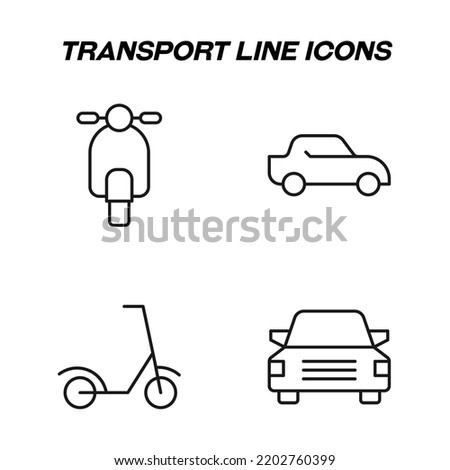 Monochrome isolated symbols drawn with black thin line. Perfect for stores, shops, adverts. Vector icon set with signs of scooter, car, automobile, scooter 