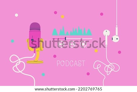 Cool purple cover or banner for a podcast channel. Studio microphone, audio player equalizer and wired headphones. Vector EPS 10. Royalty-Free Stock Photo #2202769765