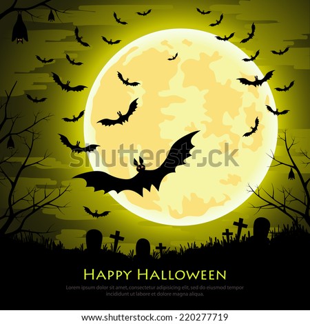 Happy Halloween background with moon and bats at the cemetery