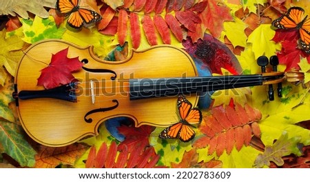 colorful autumn background. autumn fallen leaves, violin and bright monarch butterflies.