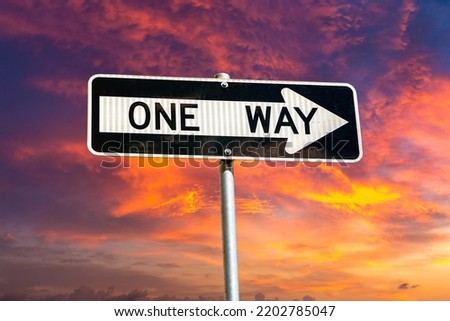 One way sign against sunset sky in New York City, NY, USA