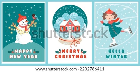 Christmas and new year card templates. Vector flat illustration with snowman, snow globe, skating girl