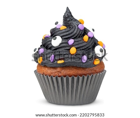 Cupcake. Black cupcake. Idea for Halloween. Dessert for party. Chocolate muffin decorated with colored sprinkles, frosting and Icing. Close-up macro high quality and resolution photo. White Isolated