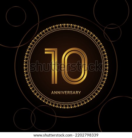 10th Anniversary Celebration with golden text and ring, Golden anniversary vector template