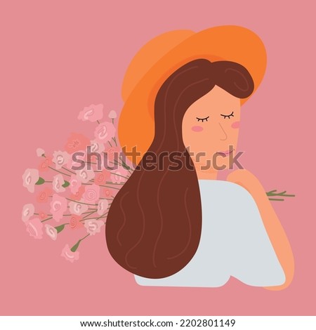Beautiful smilling woman holding flowers bouquet in hands isolated on pink background. International women's day.vector illustration