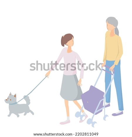 It is an illustration of a grandmother and a grandchild who take a walk with a pet dog.