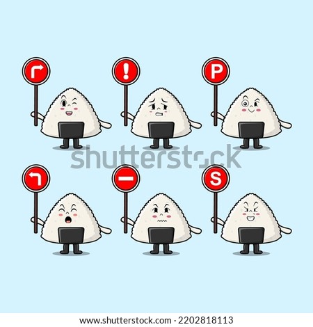 Cute Rice japanese sushi cartoon character holding traffic sign in modern flat style design
