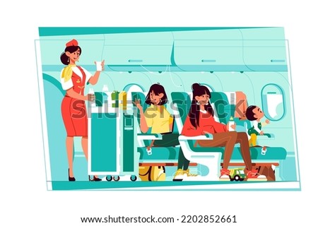 Passengers sit in airplane, get high quality service during flight vector illustration. Stewardess bring drink flat style. Aircraft concept Royalty-Free Stock Photo #2202852661