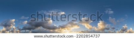 Dark blue evening sky panorama with Cumulus clouds. Seamless hdr pano in spherical equirectangular format. Complete zenith for 3D visualization, game and sky replacement for aerial drone 360 panoramas Royalty-Free Stock Photo #2202854737