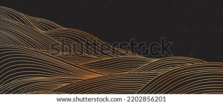 Hand drawn wave element with Japanese pattern vector. Oriental gold line decoration with black banner design, flyer or presentation in vintage style. Ocean sea elements. Mountain landscape background