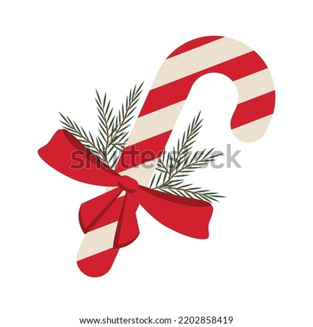 Christmas cane with red bow and spruce branches. vector illustration