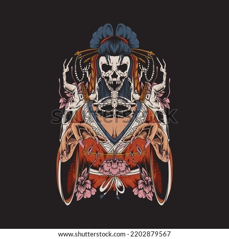 Japanese women geisha detail illustration with skull design