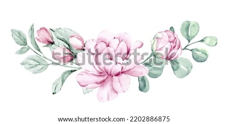 Pink flowers watercolor border, floral clip art. Bouquet pink peonies perfectly for printing design on invitations, cards, wall art and other. Isolated on white background.