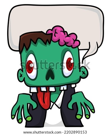 Cartoon zombie holding blank paper banner for text. Vector illustration. Isolated on the white background. Halloween design element for banner, postcard, poster. 