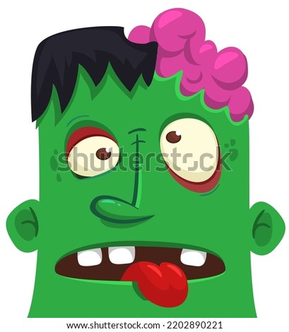 Cartoon angry zombie head. Halloween vector illustration of funny zombie moaning with wide open mouth full of teeth. Great for decoration or package design