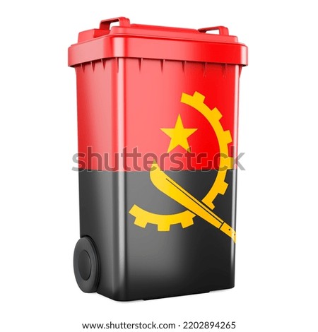 Waste container with Angolan flag, 3D rendering isolated on white background