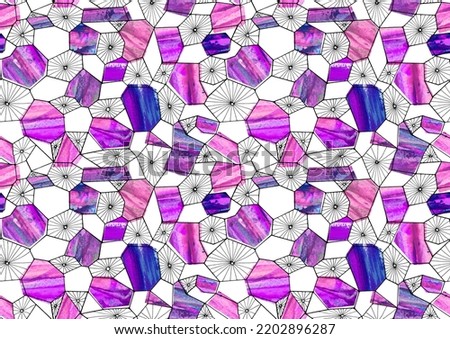 Abstract colorful seamless pattern on a white background. Blue, purple, pink, white, and black backdrop for wallpaper, fabric, or wrapping paper. Morden mosaic art. Geometrical shape texture.