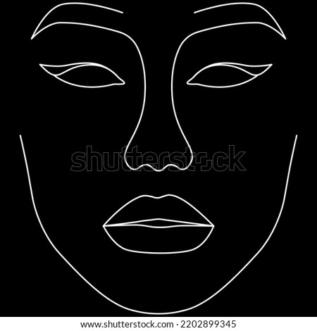 Silhouette of woman face. Minimalistic line portrait. Vector illustration. Black and white. Black background. One line drawing.