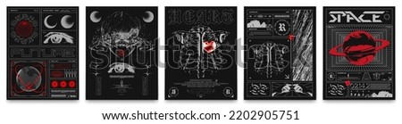 Retro futuristic posters with space ships, mountains, planets, human bones and wireframe spheres. Stylish techno style print for streetwear, print for t-shirts and sweatshirts on a black background
