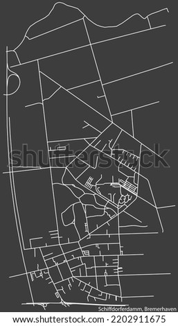 Detailed negative navigation white lines urban street roads map of the SCHIFFDORFERDAMM DISTRICT of the German regional capital city of Bremerhaven, Germany on dark gray background