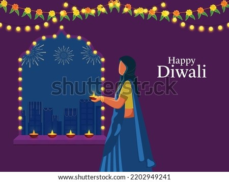 Happy Diwali Celebration Poster Design With Indian Woman Holding Lit Oil Lamp (Diya), Traditional Floral Garland (Toran) On Purple And Blue Buildings Background. Royalty-Free Stock Photo #2202949241