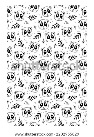 Printable coloring page for adult and childrens with panda, leaves and bubbles on a white background. Chinese bear. Hand drawn childish cute illustration in doodle style