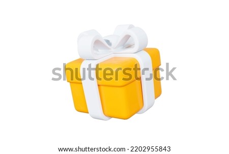 3d yellow gift box with white ribbon bow on white isolated background. Christmas, birthday. 3d rendering.