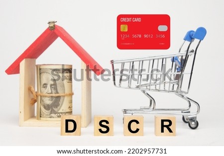 A picture of wooden block with the DSCR letter, cart, credit card illustration, wooden house and fake money.