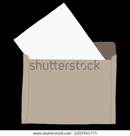 opened vintage brown document envelope with blank paper inside isolated on black background with clipping path. business envelope in cartoon hand drawn style use as design element.