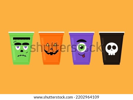Halloween face on plastic cup. Party cup isolated. background, vector illustration. Halloween beer cup vector. Beer pong. Halloween face on plastic cup.